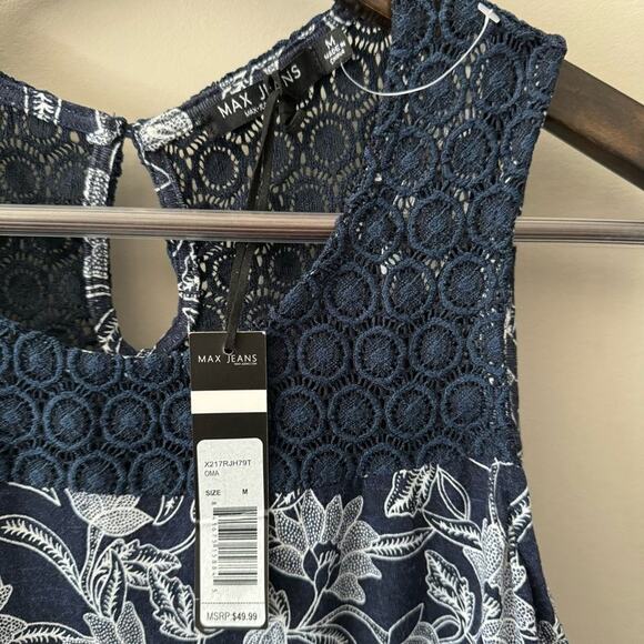 MAX STUDIO NAVY FLORAL SLEEVELESS BLOUSE W/ POM POM FRINGE & CROCHET MED - Picture 3 of 6